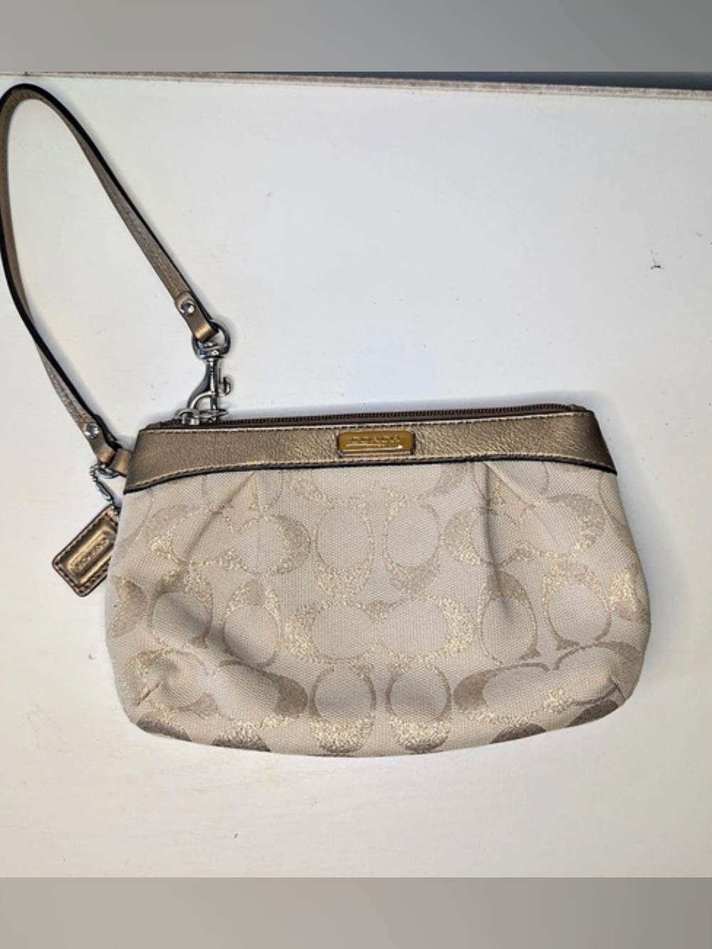 Coach Signature Wristlet in Beige & Gold